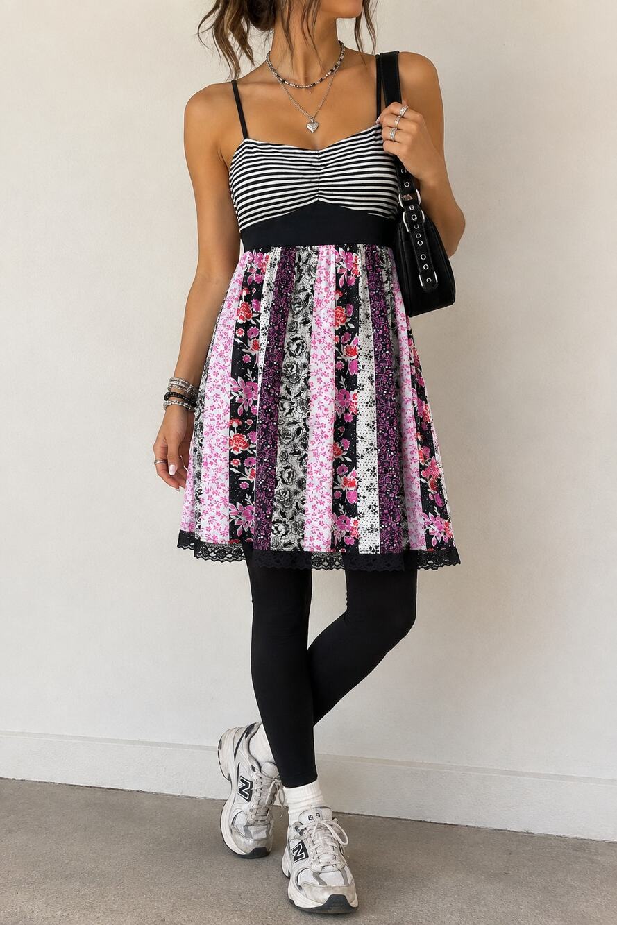 Energie Y2K Striped Pink Floral Babydoll Coquette Mini Dress L 2000s Whimsygoth